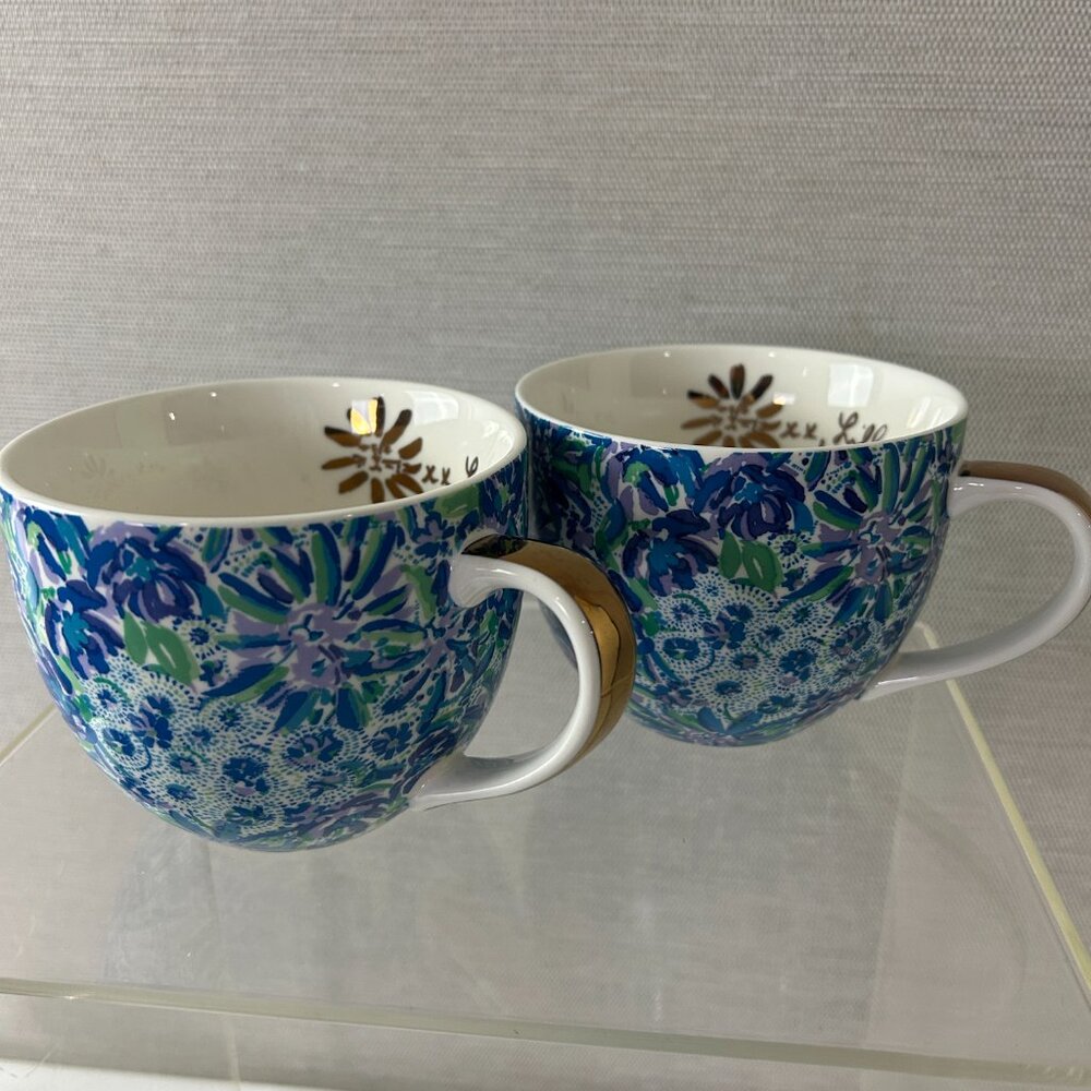 Set of 2 LILLY PULITZER Lion Around Blue Floral 12 oz Coffee Mugs Cups
